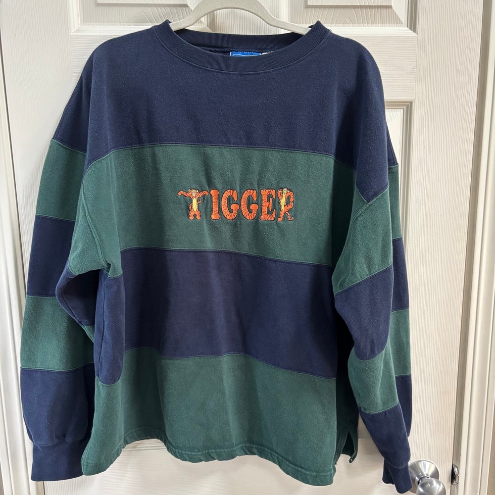 Vintage 90's Disney Tigger Oversized Sweatshirt  Navy Green Striped Pullover USA